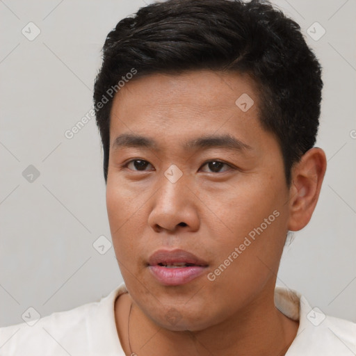 Neutral asian young-adult male with short  black hair and brown eyes