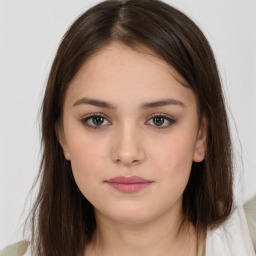 Neutral white young-adult female with medium  brown hair and brown eyes