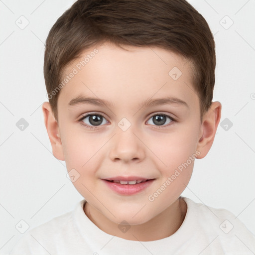 Joyful white child male with short  brown hair and brown eyes