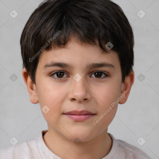 Joyful white child male with short  brown hair and brown eyes