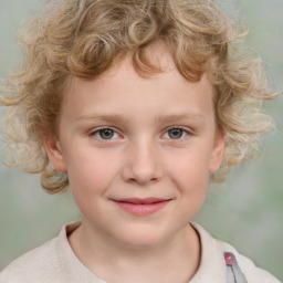 Joyful white child female with medium  brown hair and grey eyes