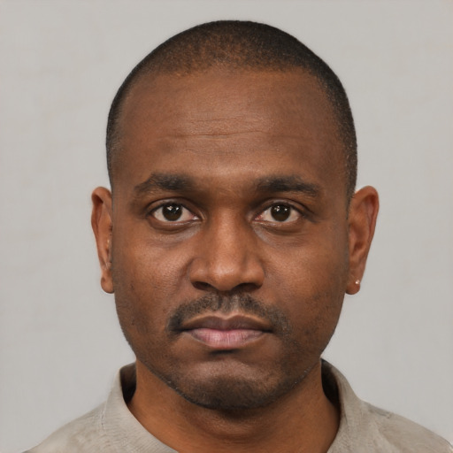Neutral black adult male with short  black hair and brown eyes
