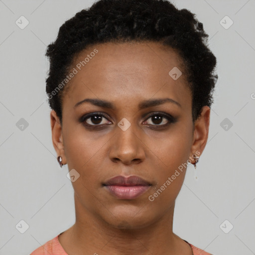 Neutral black young-adult female with short  black hair and brown eyes