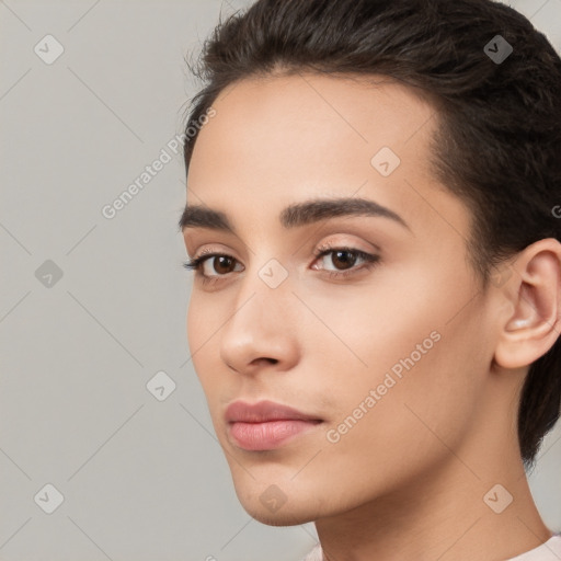 Neutral white young-adult female with short  brown hair and brown eyes