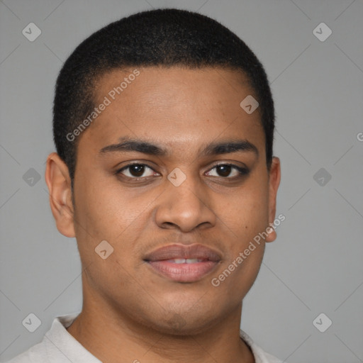 Joyful latino young-adult male with short  brown hair and brown eyes