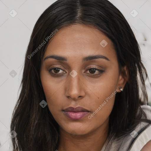 Neutral asian young-adult female with long  brown hair and brown eyes