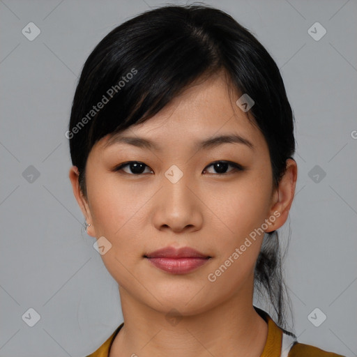 Neutral asian young-adult female with short  black hair and brown eyes