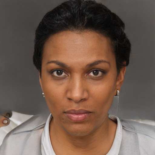 Neutral black young-adult female with short  brown hair and brown eyes