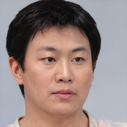 Neutral asian young-adult male with short  brown hair and brown eyes