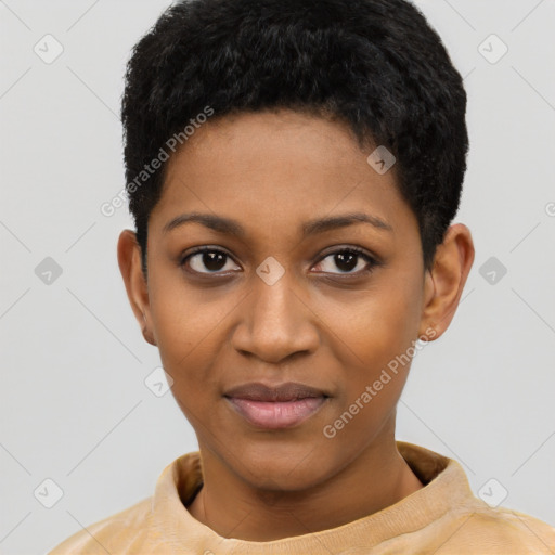 Joyful black young-adult female with short  black hair and brown eyes