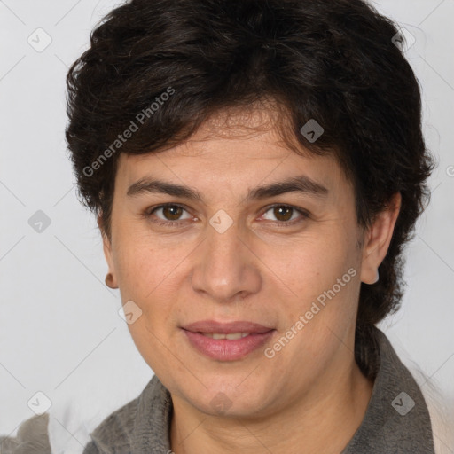 Joyful white adult female with short  brown hair and brown eyes