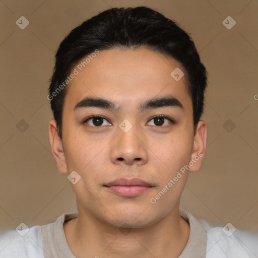 Neutral asian young-adult male with short  black hair and brown eyes