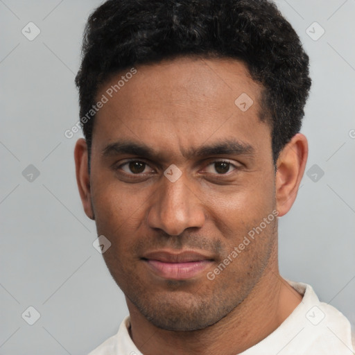 Neutral white young-adult male with short  black hair and brown eyes