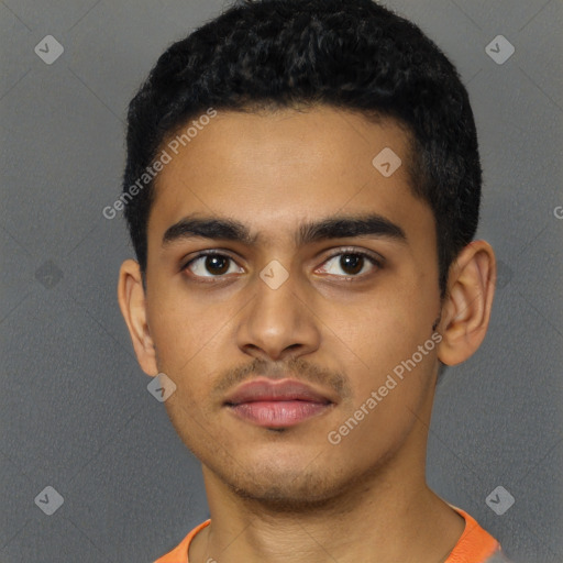 Neutral latino young-adult male with short  black hair and brown eyes