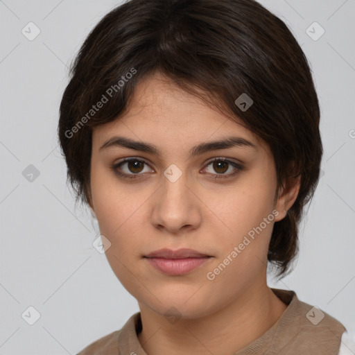 Neutral white young-adult female with medium  brown hair and brown eyes