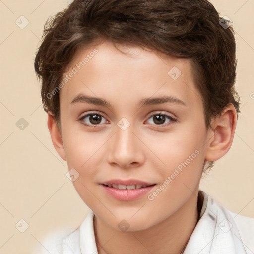 Joyful white child female with short  brown hair and brown eyes