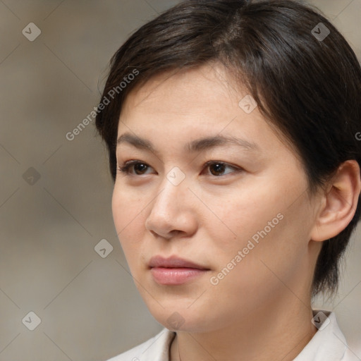 Neutral white young-adult female with medium  brown hair and brown eyes