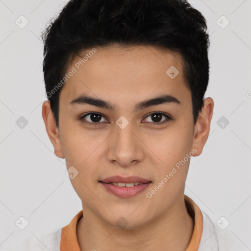 Joyful latino young-adult male with short  brown hair and brown eyes