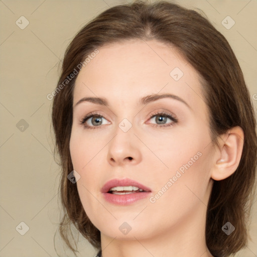 Neutral white young-adult female with medium  brown hair and brown eyes