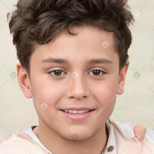 Joyful white child male with short  brown hair and brown eyes