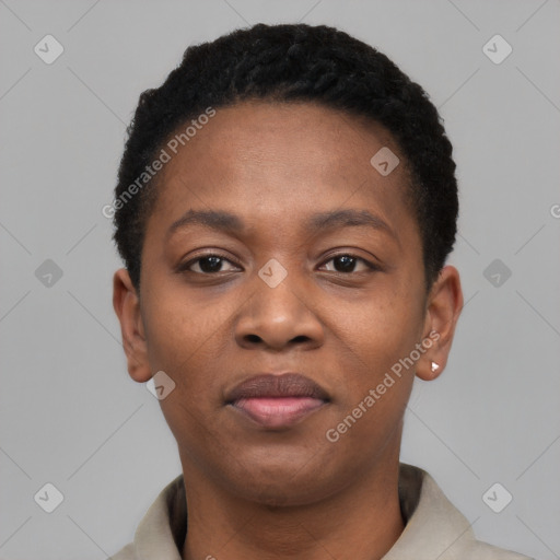 Joyful black young-adult female with short  black hair and brown eyes