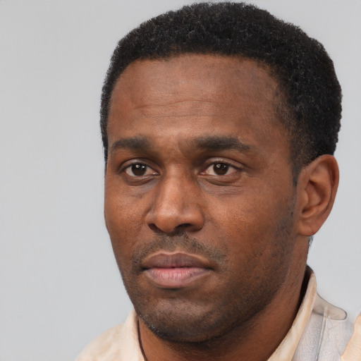 Neutral black adult male with short  black hair and brown eyes
