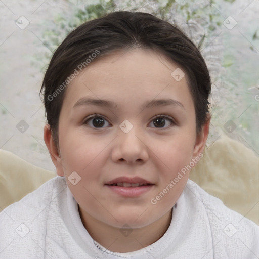 Joyful white child female with short  brown hair and brown eyes