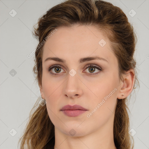 Neutral white young-adult female with medium  brown hair and brown eyes