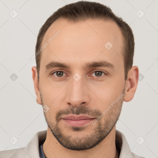 Neutral white young-adult male with short  brown hair and brown eyes