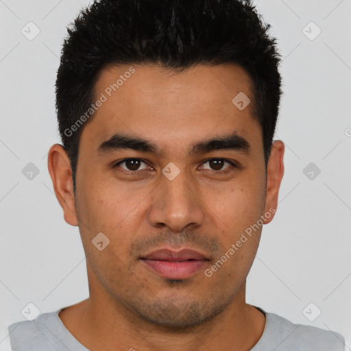 Neutral latino young-adult male with short  black hair and brown eyes