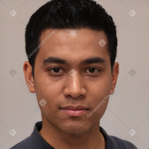 Neutral asian young-adult male with short  black hair and brown eyes