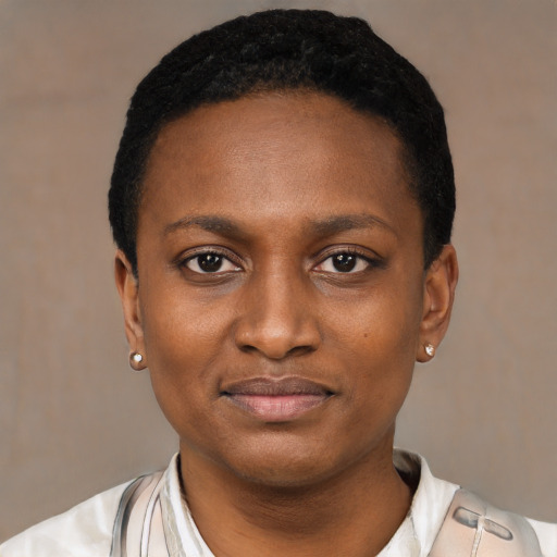 Joyful black young-adult female with short  black hair and brown eyes