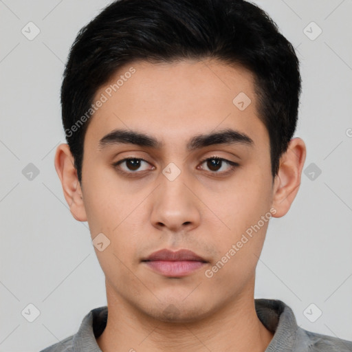 Neutral asian young-adult male with short  black hair and brown eyes