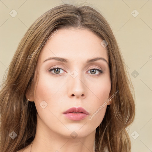 Neutral white young-adult female with long  brown hair and green eyes