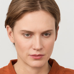 Neutral white young-adult female with short  brown hair and grey eyes