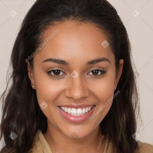 Joyful latino young-adult female with long  brown hair and brown eyes