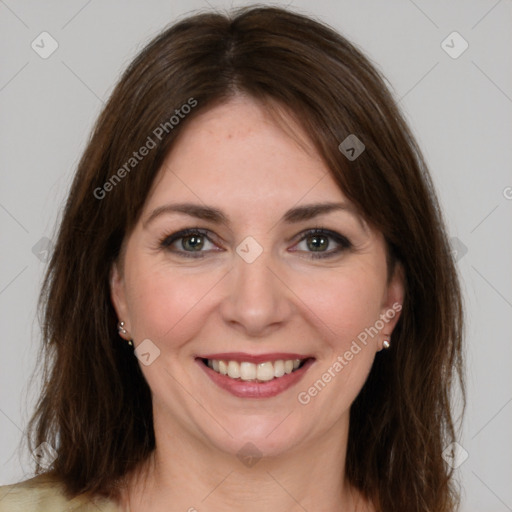 Joyful white young-adult female with medium  brown hair and green eyes