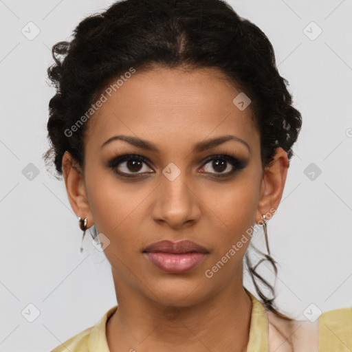 Joyful latino young-adult female with short  brown hair and brown eyes