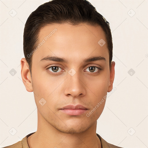 Neutral white young-adult male with short  brown hair and brown eyes