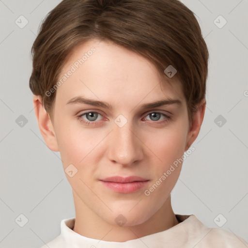 Joyful white young-adult female with short  brown hair and grey eyes