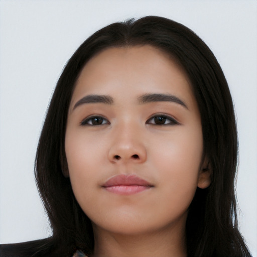 Neutral asian young-adult female with long  black hair and brown eyes