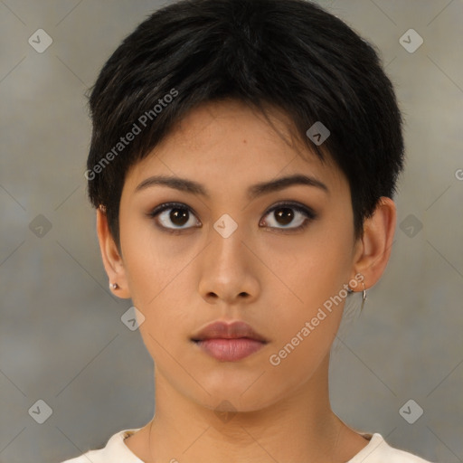 Neutral asian young-adult female with short  brown hair and brown eyes