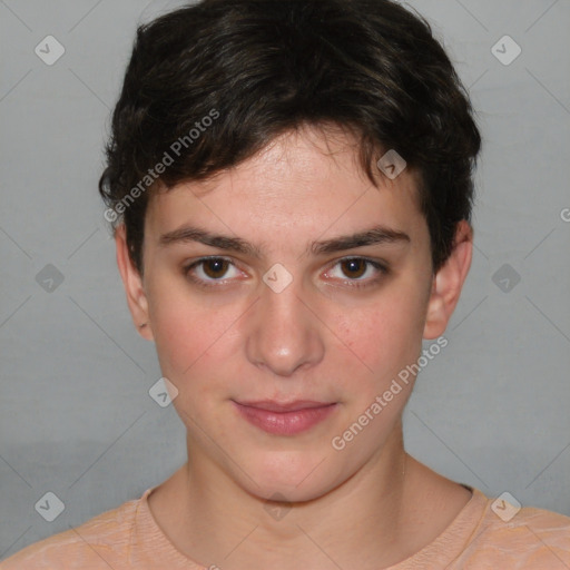 Neutral white young-adult female with short  brown hair and brown eyes