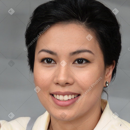 Joyful white young-adult female with medium  brown hair and brown eyes