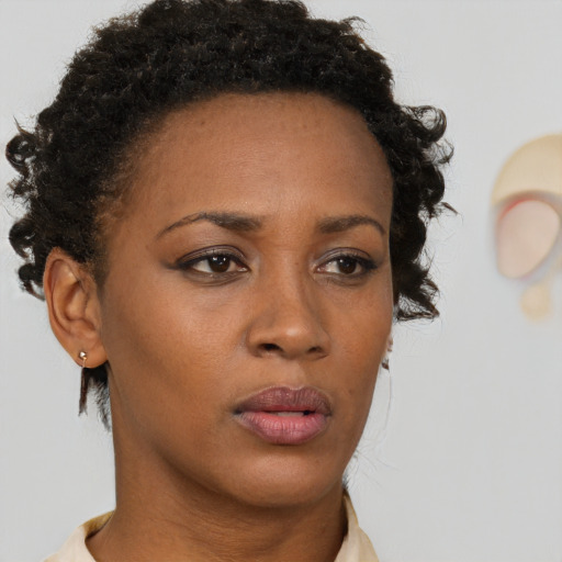 Neutral black young-adult female with short  brown hair and brown eyes
