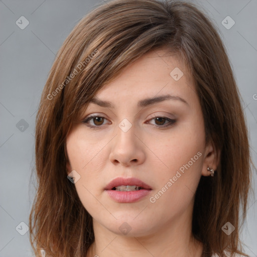 Neutral white young-adult female with medium  brown hair and brown eyes