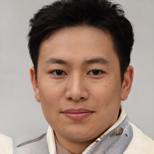 Joyful asian young-adult male with short  brown hair and brown eyes