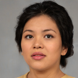 Neutral asian young-adult female with medium  brown hair and brown eyes