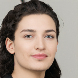Neutral white young-adult female with long  black hair and brown eyes