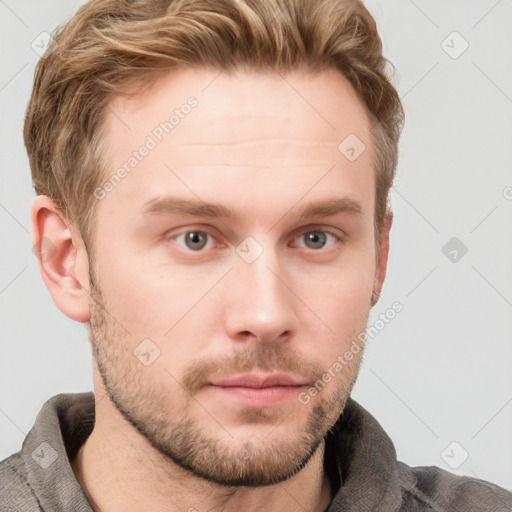 Neutral white young-adult male with short  brown hair and grey eyes